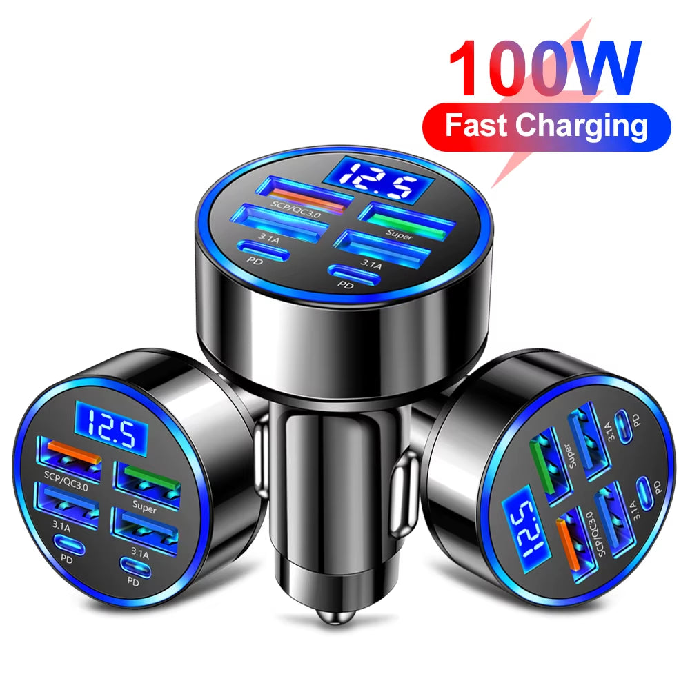 100W 6 Ports Car Charger Fast Charging PD QC3.0 USB C Car Phone Charger Type C Adapter in Car for Iphone Samsung Huawei Xiaomi
